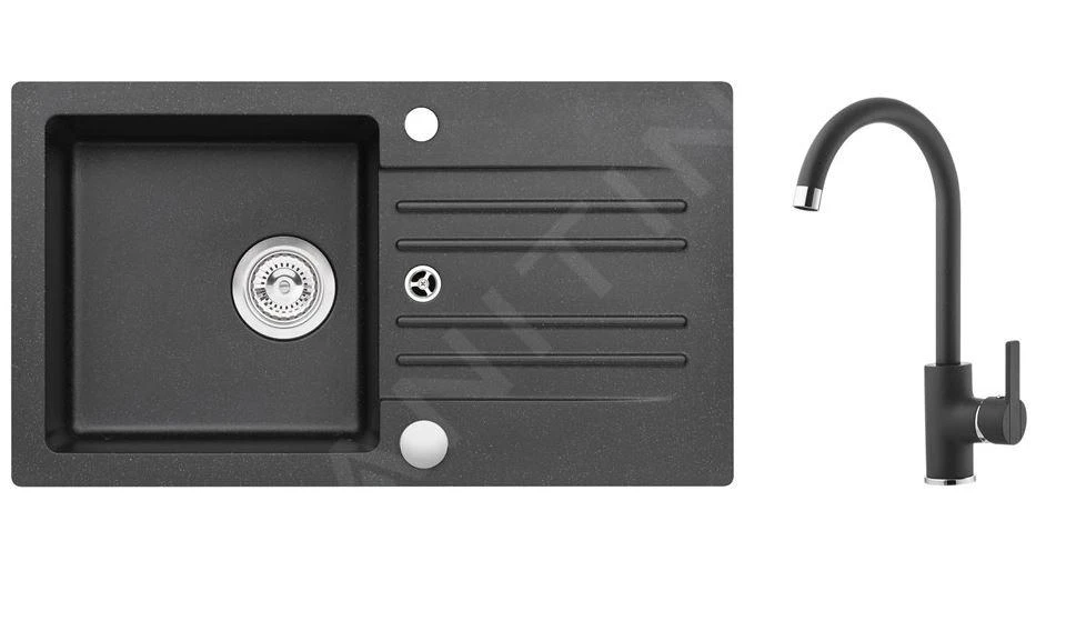 Alveus Conjuntos De Cocina - Conjunto De Fregadero De Granito Cortina 140 Y Grifo Tonia, Carbon SETA735